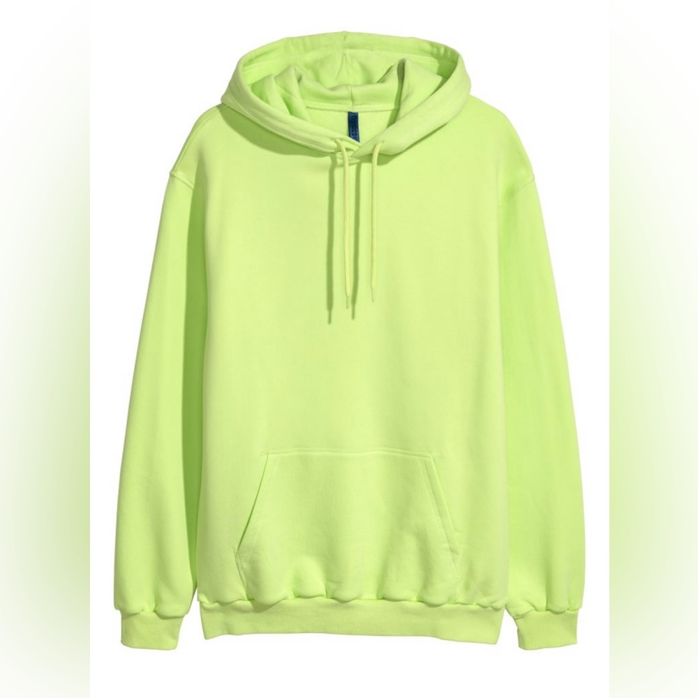 Mens H&M Regular Fit Cotton Blend Pullover Hoodie Sweatshirt - Neon Green Size M